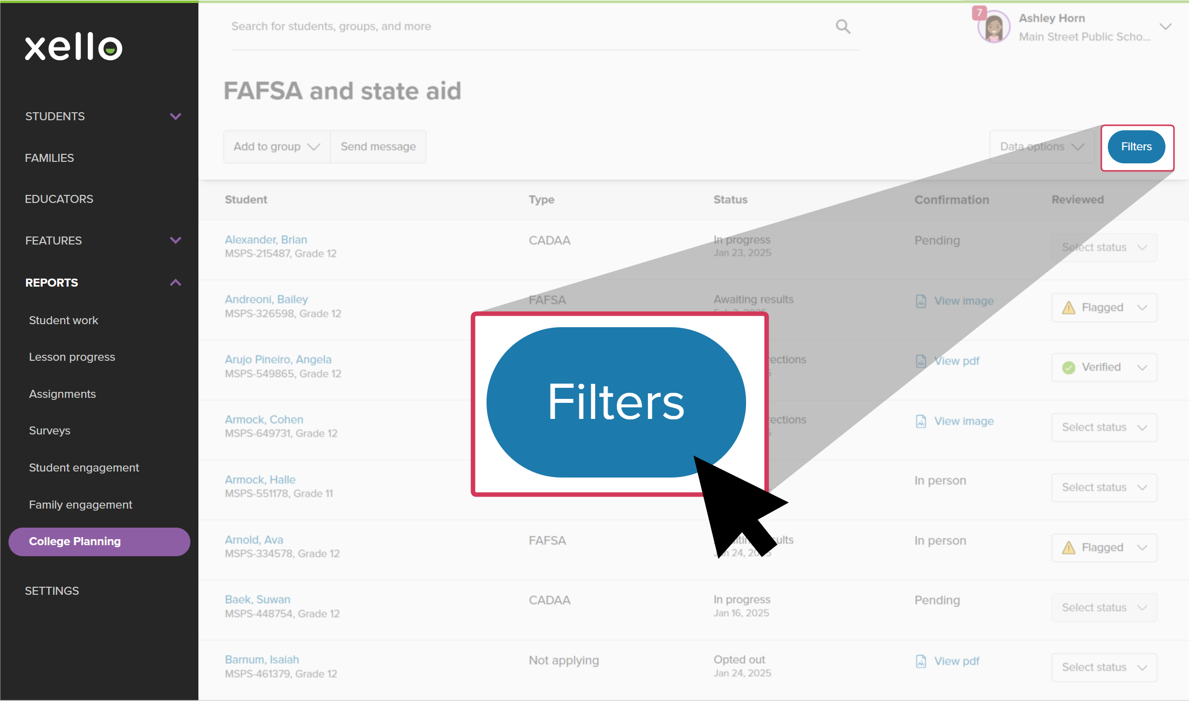 Click to enlarge The FAFSA and state aid report. The filters button is highlighted